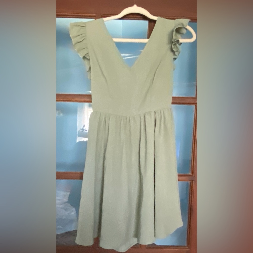 SHEIN Sage Green V-Neck Ruffle Sleeve Mini Dress
